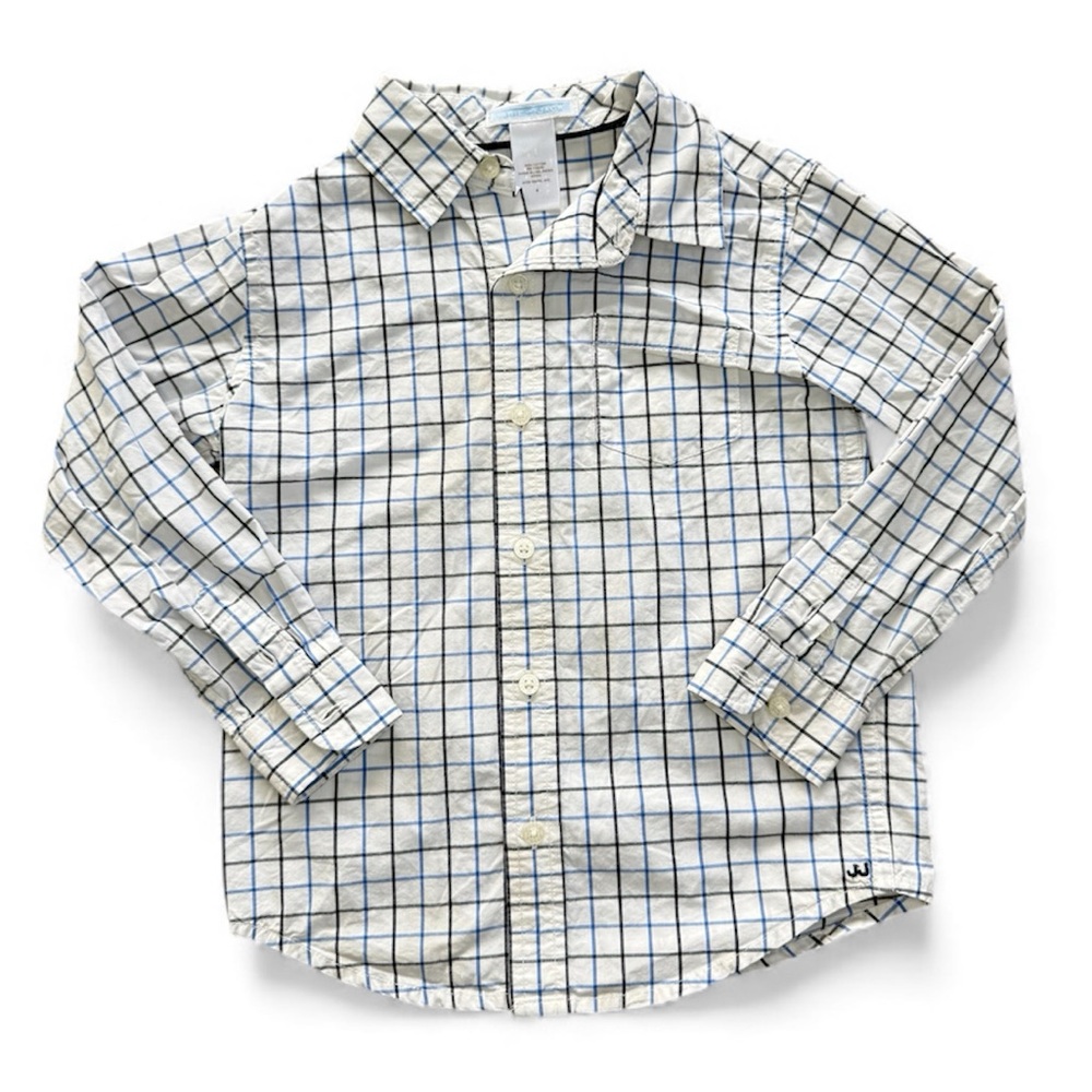 Janie and Jack Plaid Cream and Blue Button Down Shirt Toddler Boy size 4